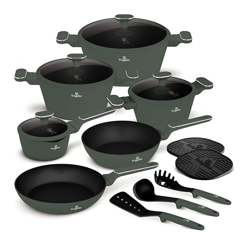 BERLINGER HAUS Titanium Coated Cookware Set 15-Piece Matt Green Collection | Versatile and Environmentally Friendly
