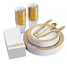 FOCUS LINE 175PCS Gold Disposable Dinnerware Sets for Party Wedding 25 Guests Dinner Plastic Plates Dessert Plates & Plastic Silverware Set & Cups & Napkins