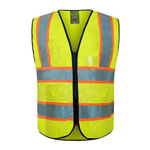 GripGlo TLS-432 Amazing High Visibility Reflective Safety Vest With 6 Multi-Functional Pockets Neon Lime Zipper Front, 2 Reflective Strips With ORANGE TRIM For MAXIMUM VISIBILITY - Meets ANSI ISEA 107-2010 - Class 2 Level 2 - XX-Large