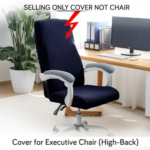 Image of HOKIPO Office Chair Cover for Executive Chair (High-Back) - 140 GSM Stretchable Fabric - Anti-Slip & Washable - Fits Tall & Big Office Chairs, Midnight Blue (AR-6204-BL)