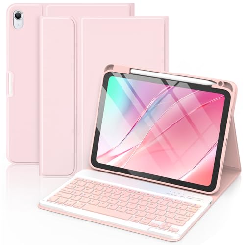 MMK for iPad 11th 10th Generation Case with Keyboard 11-10.9 2025 A16-2022, Detachable Wireless Bluetooth Folio Keyboard Case with Pencil Holder - Light Pink