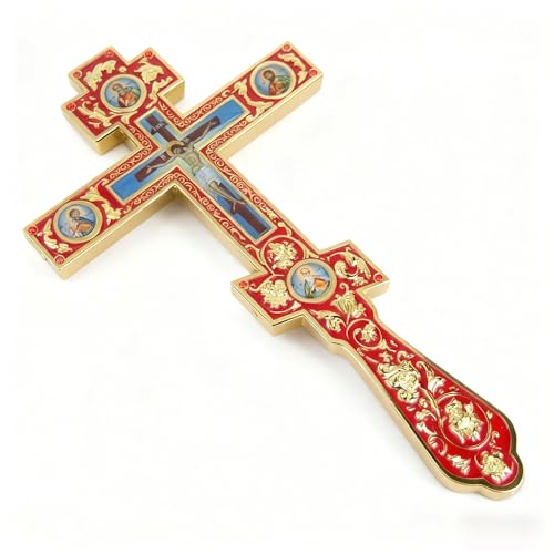 RZRHMUHN Orthodox Blessing Hand Cross Enameled Gold-Plated Priest's Liturgical Cross with Saints Icons Byzantine Style Handheld Crucifix for Church Blessings and Devotional Use (Red)