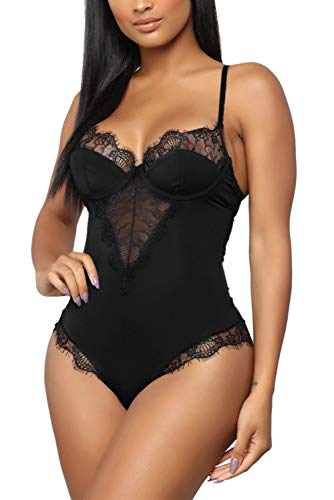 Aranmei Women Hollow Out Lace Trim Bodysuit Tops One Piece Teddy Lingerie with Underwire(Black Large)