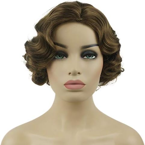 Lydell Vintage Cosplay Party Wig Short Finger Wavy Flapper Hairpiece +Free Wig Cap (Light Reddish golden brown)