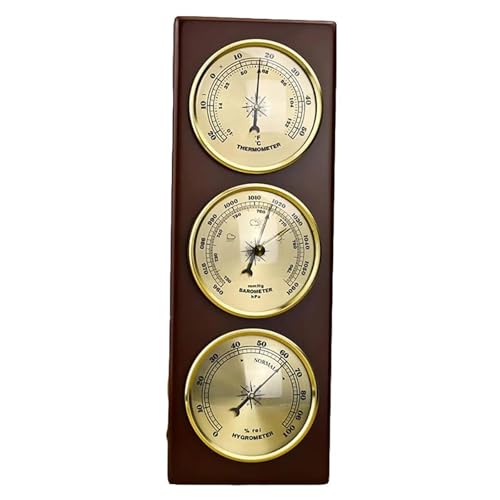WDWGLIYN Barómetro de madera, termómetro 3 en 1, higrómetro, estación meteorológica multifuncional para colgar en la pared, analógico de alta precisión, no requiere pilas, dorado