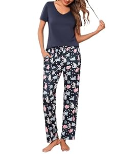 Bresdk Schlafanzug Damen Kurz Pyjama Set Baumwolle Kurzarm Lang Pyjamahose Sommer Nachtwäsche Hausanzug mit Taschen