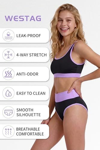 Image of Period Swimwear Two Piece Leakproof Swimsuit Menstrual High Waist Bikini Sets Color Block Bathing Suit for Teen Girls