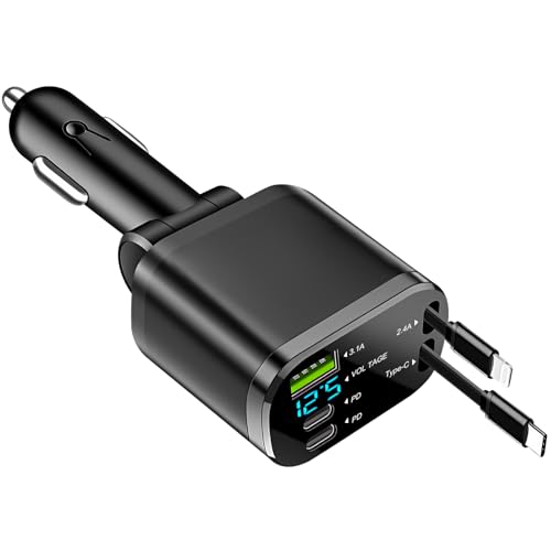 5-en-1 Chargeur Allume-Cigare Voiture USB-C Rétractable PD3.0 30W Charge Rapide Ports USB-A/USB-C 180° Réglable 12V/24V pour iPhone 15/16/17 Samsung Galaxy S24/S25 & Plus (Modèle 1)