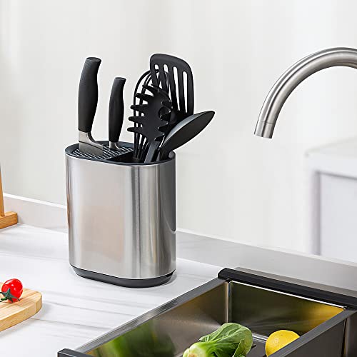 Sdlumeiy Stainless Steel And Plastic Knifes Holder, Universal Knife Holder Without Knifes, Knifes Holder With Separate Compartment, 7.1X4.6X7.7 Inches, Silver Gray #TOP5