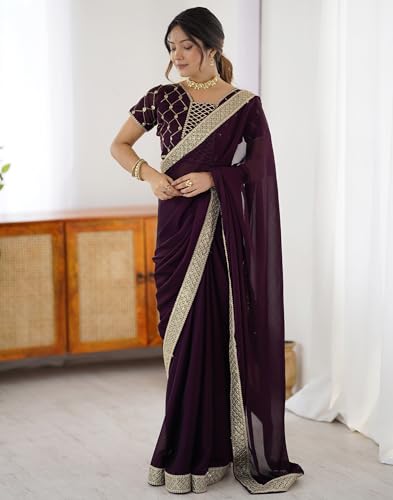 Image of SIRIL Women's Chiffon Sequence Embroidery Lace Saree with Unstitched Blouse Piece