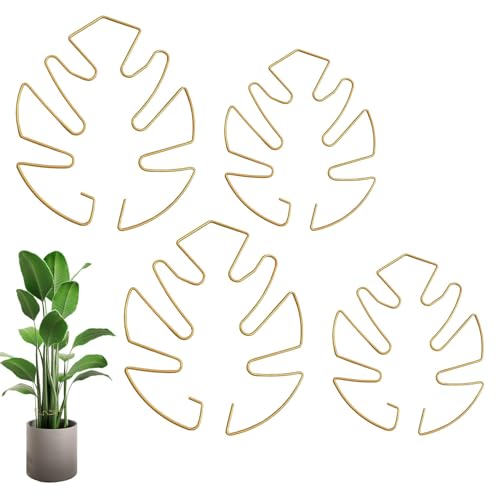Othrion 4Pcs Gold Monstera Plant Support,2 Size Leaf Shaped Monstera Support Climbing Plant Stem Stand Hooks,Plant Supports for Indoor Plants,Monstera Stabilizer Stakes Grapple Holder Clamp Set