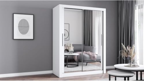 Fabryka Mebli Idźczak Kleiderschrank mit Spiegel - Schwebetürenschrank - Schlafzimmerschrank - 64 x 150 x 215 cm - Wohnzimmerschrank - Garderobenschrank, weißer Schrank mit Zwei Türen, modern