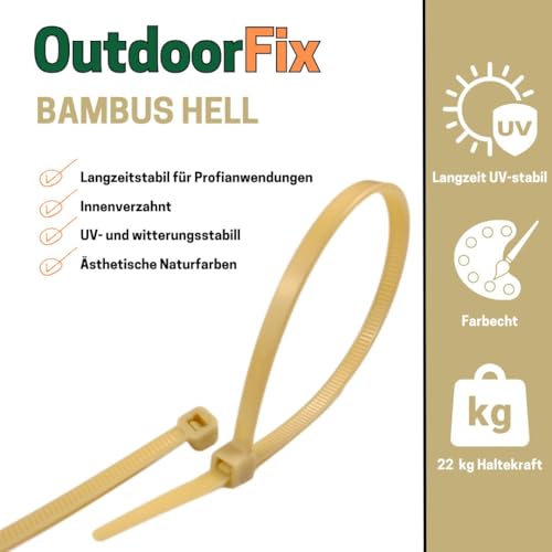 OutdoorFix Kabelbinder 150 x 3,5 mm, 50 Stk – Bambus/Schilf hell – Wetterfest, UV-beständig