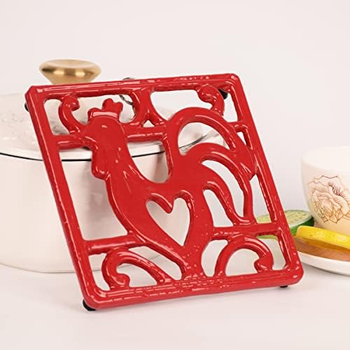 MINLUFUL Cast Iron Trivet - Vintage Metal Trivet for Hot Dishes, Farmhouse Kitchen Countertop Heat Resistant Trivet Mat for Hot Pots and Pans, Red