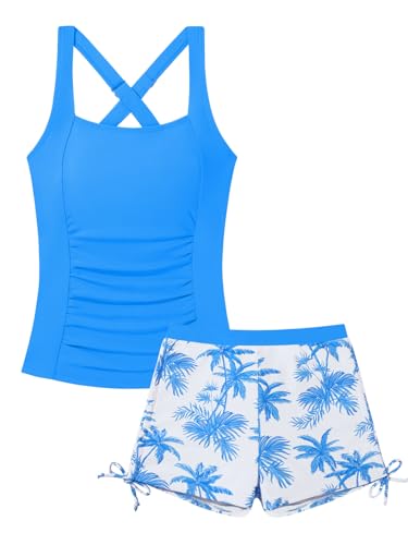 Girls Tankini Swimsuit Tankinis Set for Girl 2 Piece Bathing Suit Color Block Tank Top with Drawstring Bottoms 9-16Y Light Blue