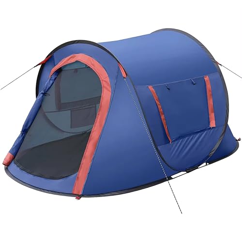 Image of BISONBERG Polyester Camping Tent 2 Person Ultralight Easy Set Up and Carry Family Backpacking for Camping, Hiking, Outdoor Festivals, Car Trip, Blue,Red