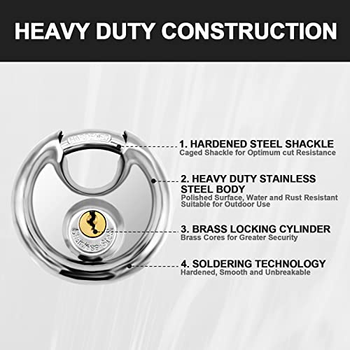 Vervida® Keyed Padlock, 2 Pack Stainless Steel Discus Lock Heavy Duty with 6 Keys, Disc Lock 3/8 Inch Shackle Waterproof and Rustproof for Storage Warehouse, Garage, Storage Outdoors (Keyed Different) by Vervida - Image 5