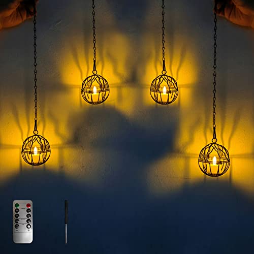 Remote Control Candles Lights Outdoor Hanging Vintage Lanterns, Candle Holder with Tea Lights for Home Garden Backyard Pergola Patio Umbrella Tree Window Decor-Set of 4 - Thumbnail 2