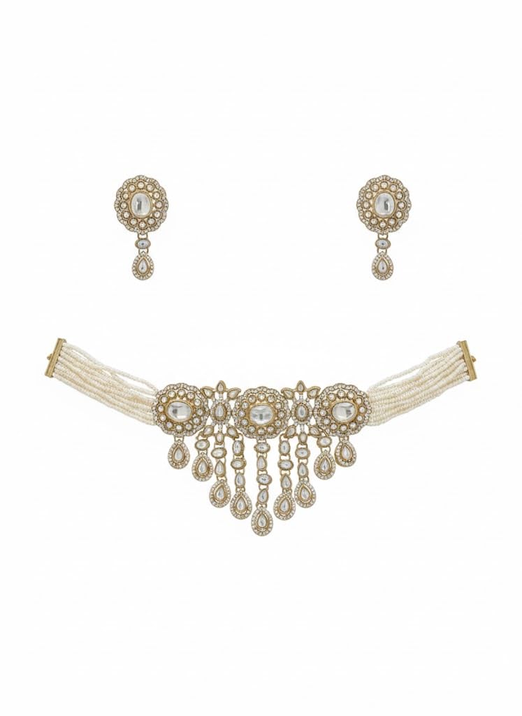 Vintage Pearl Crystal Choker Necklace Set, White Pearl String with Antique Gold Polish, Drop Earrings, Traditional Indian Wedding Jewelry, NSG-1152-image-42