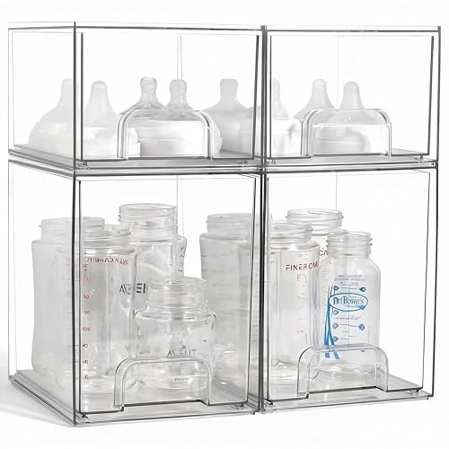 Image of MINMUNJIU Baby Bottle Organizer, 4 Pack Clear Space-Saving Stackable Drawer with Handle, Baby Bottle Storage Organizer for Countertop and Cabinet