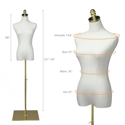 Bonnlo Female Dress Form for Clothing Presentation, Height Adjustable Women Mannequin Torse Body with Stable Gold Finish Metal Stand, Clothing Dress Jewelry Display Sewing Model (Beige, Regular)