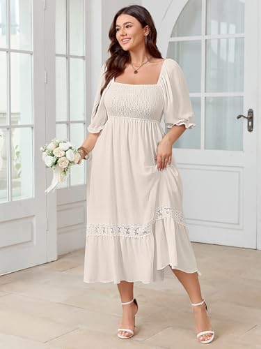 Image of SCOMCHIC Women's Plus Size Boho Maxi Dress Short Sleeve Square Neck Smocked Flowy A-Line Lace Trim Wedding Guest Dresses