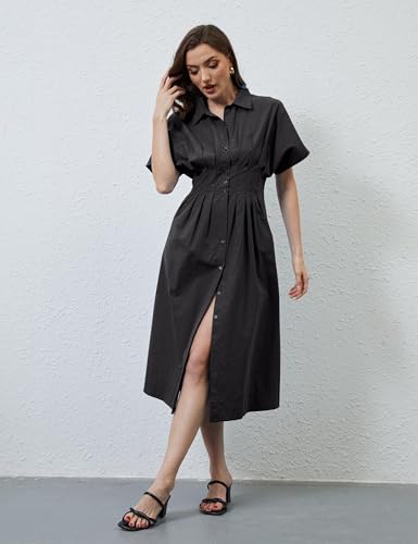Image of MISSACTIVER Button Front Pleated Shirt Dress for Women Summer Striped Short Sleeve Lapel V Neck Corset Maxi Dress