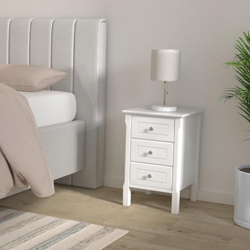 YAHEETECH Nightstand with 3 Drawers, Bedroom Side Storage Cabinet Wooden End Table Accent Table Solid Pine Wood Legs, Set of 2, White