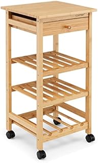 COSTWAY Bamboo Kitchen Trolley, 4-Tier Rolling Storage Utility Cart with Drawer and Open shelf, Mobile Serving Trolley on Wheels for Living Room, Dining Room