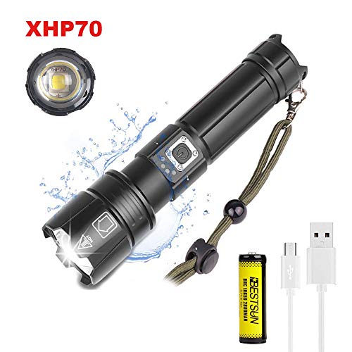 Linterna LED Recargable Alta Potencia XHP70 Linternas USB Zoomable, LUXNOVAQ 8000 Lumen Torches Flashlight Tactical Luz Linterna de Mano Impermeable Portátil con Batería y 5 Modos para Acampada