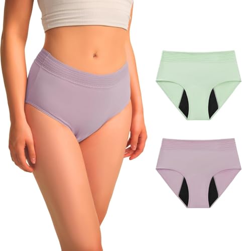 Image of BATTEWA Incontinence Underwear for Women Hi-Waist Leakproof Underwear Postpartum Protective Washable Cotton Full Coverage Absorbency (Blush-Green,Large,2-Pack)