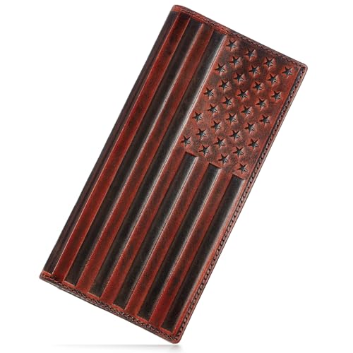 Long Wallet for Men Leather, Mens Checkbook Wallet Rodeo, Large Western Cowboy Wallet Bifold, RFID Blocking, Gift for Men (American Flag, Brown)