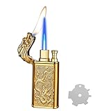 Relief Dragon Magic Dual Flame Lighter - Windproof, Adjustable Flame, Refillable Butane for Indoor/Outdoor - Gold