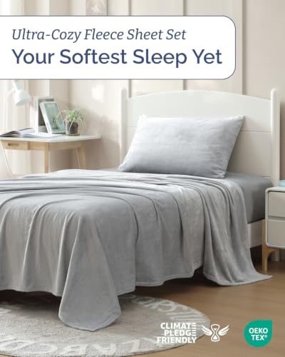 Image of Fleece Sheets Twin Size Set - 3-Piece Velvet Flannel Sheet Set - Grey