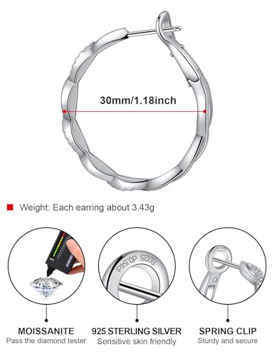 Ladylike Moissanite Hoop Earrings for Women 925 Sterling Silver with 18K Gold Plated Twisted Large Thick Round Huggie Loops Hypoallergenic and Lightweight Earrings 30-50MM3