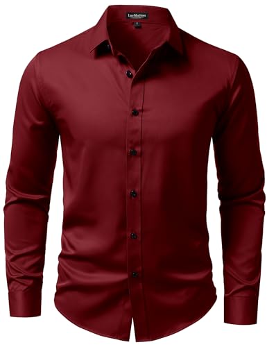 LucMatton Mens Long-Sleeve Button-Up Dress-Shirt Modern Slim-Fit Wrinkle-Free Wedding Formal Shirts Burgundy Large