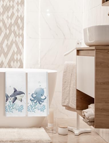 XUNLURY Coastal Shark Octopus Kitchen Towels, Coastal Beach Ocean Hand Towels for Kids Bathroom Decor, Cute Sea Animals Coral Decorative Dish Tea Towels for Kitchen, 16x24 Inch Set of 2 — view 4