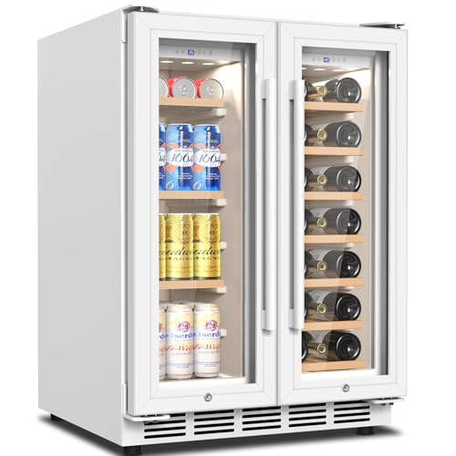 Wine and Beverage Refrigerator, 24 Inch Beverage Cooler Dual Zone with Glass Door, Under Counter Beverage Fridge with Upgraded 65 Cans 18 Bottles Large Capacity, White