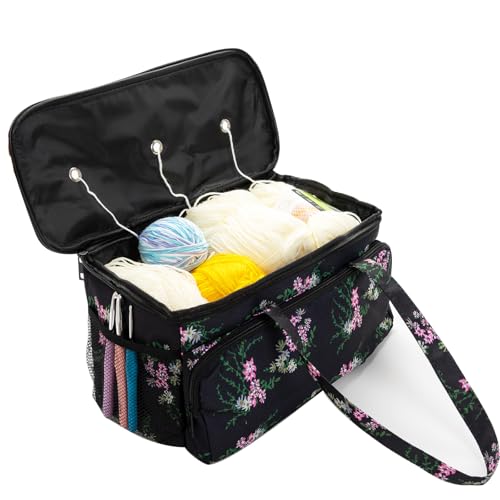 Image of Yarn Storage Organizer Tote Bag Knitting Project Bag Yarn Holder Traveling Crochet Handbag Floral for Bulk Yarns,Crochet Hooks,Knitting Needle,Crochet Acessories
