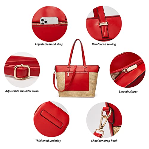 Lmkids Women's Soft Artificial Leather Straw Woven Handbag, Shoulder Bag, Large Capacity Tassel Handbag. (Red) #TOP2