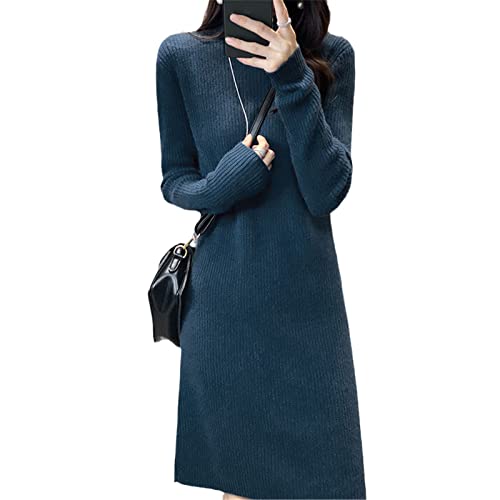 Robe longue tricot 100% cachemire Kelsiop contre le froid hivernal bleu