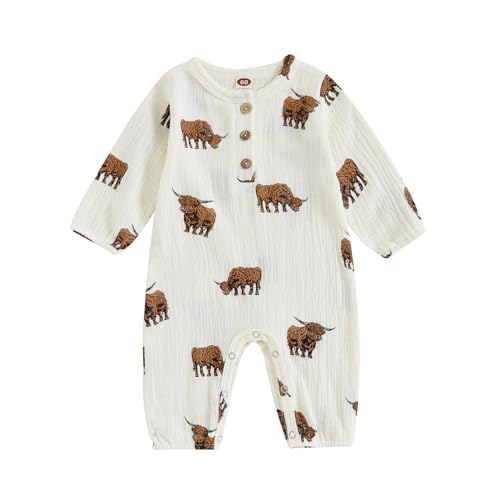 Image of Pybcvrrd Infant Baby Boy Western Clothes Cow Cotton Linen Romper Jumpsuit Long Sleeve Button Down Bodysuit One Piece Outfit (Apricot, 3-6 Months)
