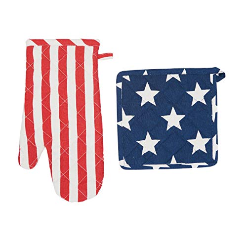 C&F Home Patriotic Stars & Stripes American Flag Pot Holder & Oven Mitt Kitchen Set Summer 4th of July Memorial Labor Day Independence Day Americana U.S.A. Red White & Blue Baking Cooking Grilling