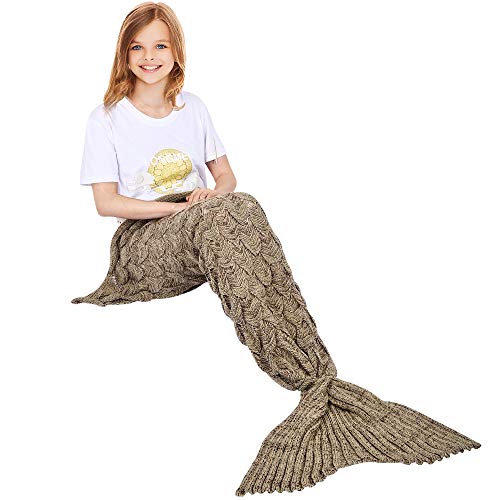 eCrazyBaby Couverture de Queue de sirène mettable, Toutes Les Saisons Chaude Couverture de lit canapé Couette Salon Sac de Couchage pour Enfants, écailles de Poisson, 140 x 60 cm, Marron