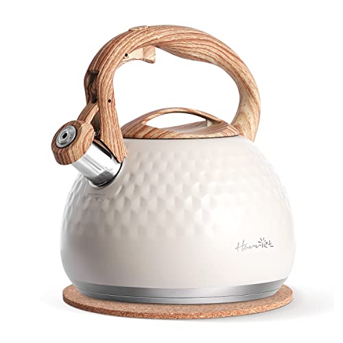 Tea Kettle - Harriet 3 Liter Teapot Stovetop Whistling Kettle with 3-Layers Durable Bases - Food Grade Stainless Steel Kettles with Hot-Resistant Handle Gas Electric Applicable - Milk White