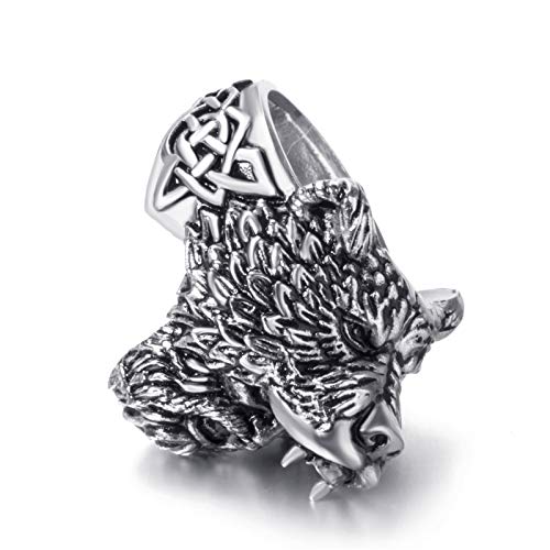 Elfasio Stainless Steel Rings For Men Viking Bear Man Warrior Silver Titanium Biker Ring Charm Jewelry Size 11 #TOP4