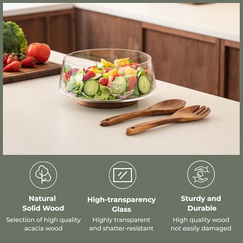muso wood Salatschüssel Set - Groß Glas Salatschüssel mit Salatbesteck und Untersatz aus Akazienholz - Vielseitige Servierschüssel für Salat, Obst, Kartoffelsalat, Snacks und Familienessen, Partys