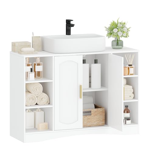 HEXCELEN Armario bajo Lavabo, Mueble de Baño con 2 Puertas y Compartimentos Abiertos, Estante Regulable, 2 Compartimentos Detrás de las Puertas, Apto para Lavabos con Pedestal Blanco 30 × 90 × 61,2 cm