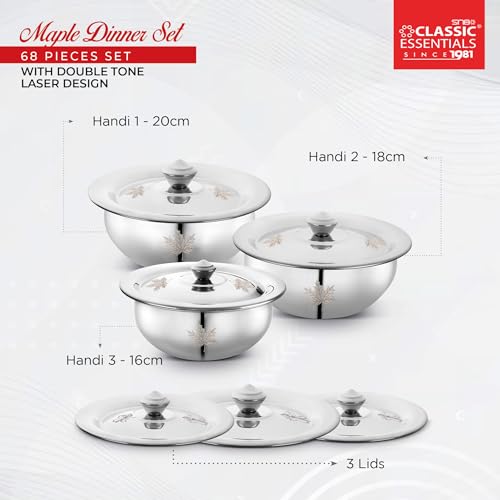 Image of Classic Essentials Stainless Steel Dinner Set|Serves 6 People|Heavy Gauge|Kitchen Set|Permanent Laser-Maple, (Set of 68)