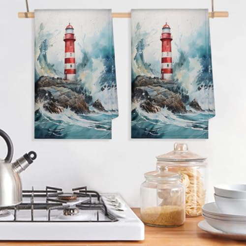 Sabokido Watercolor Lighthouse Sea Kitchen Towels Set of 2 Absorbent Drying Dish Towels Tea Towels Bar Towels Decoration Hand Towels for Home Bathroom Restaurants Cleaning
